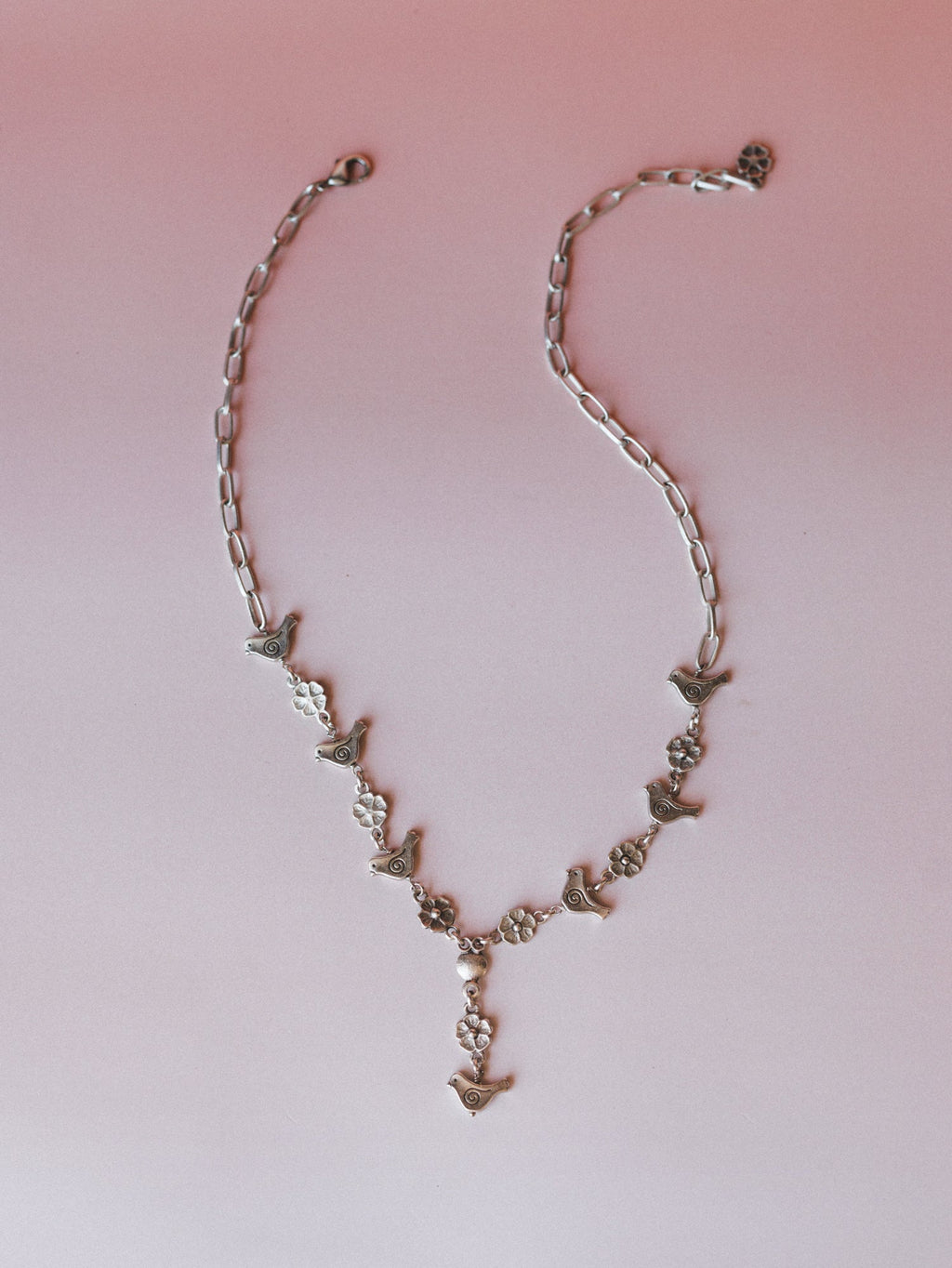 Birds and Daisies Necklace - Silver