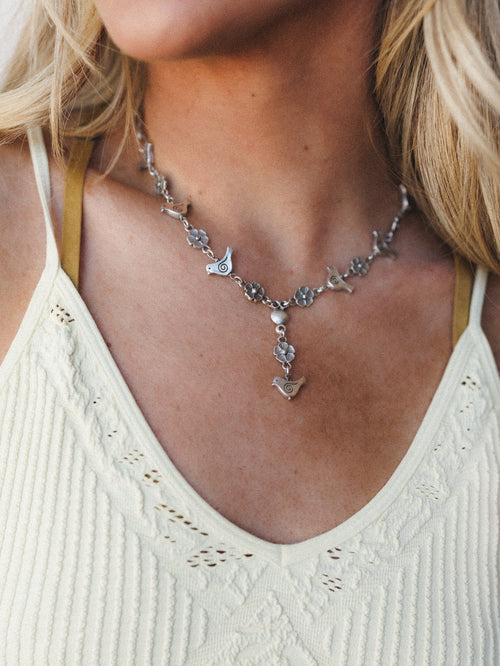 Birds and Daisies Necklace - Silver