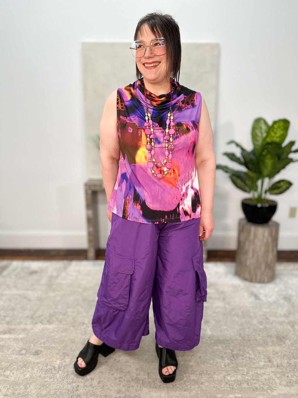 After Dark Printed Cowl Neck Tank, Orchid