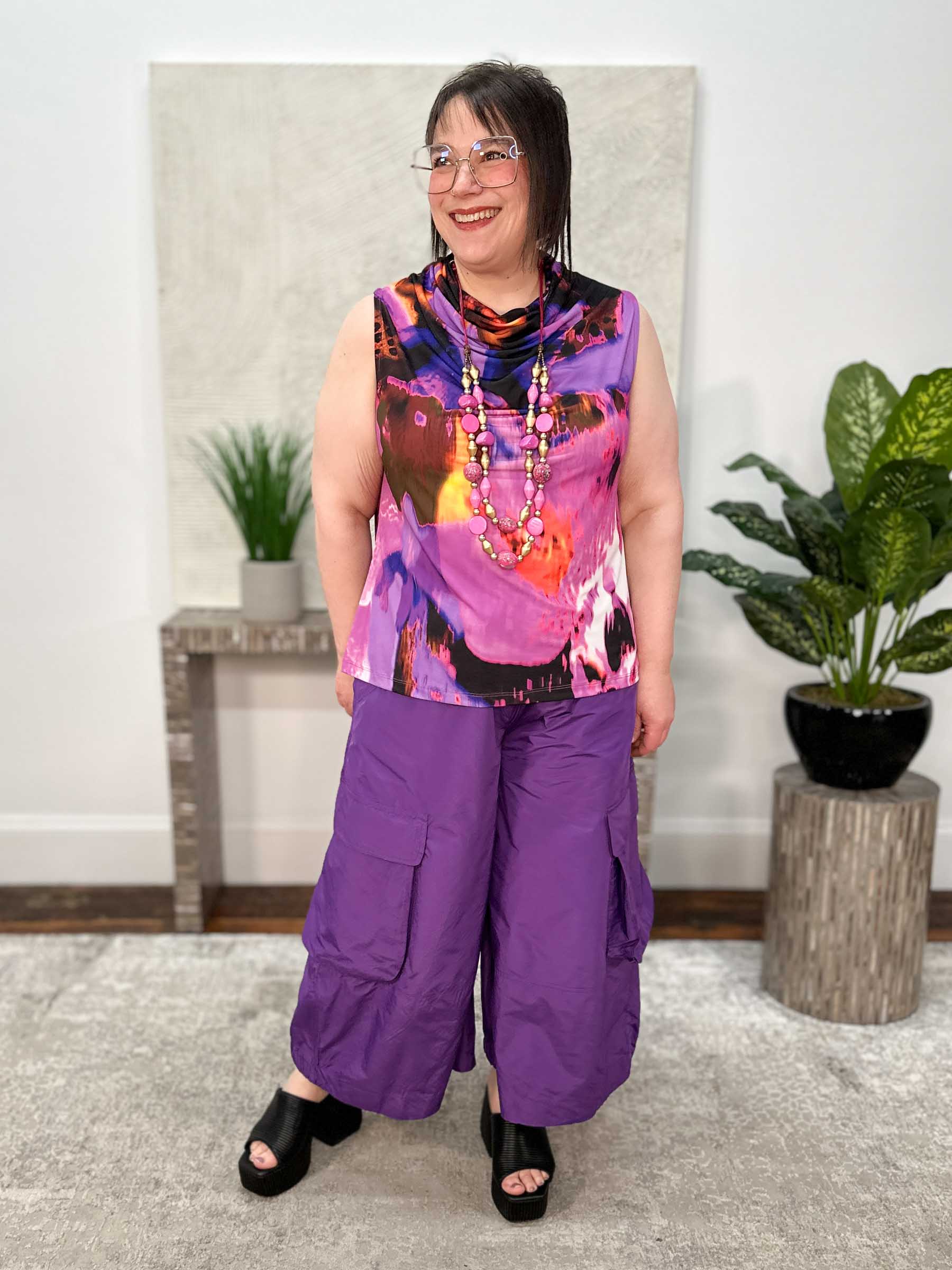 After Dark Printed Cowl Neck Tank, Orchid