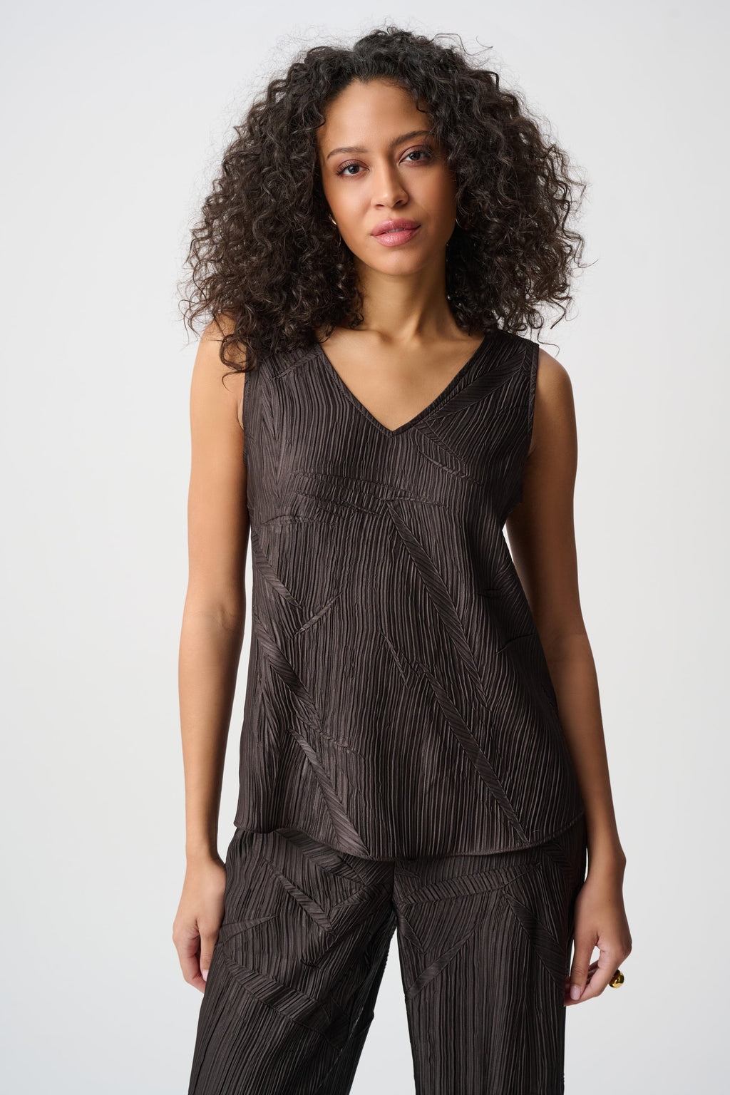 Pleated Satin Flared V-Neck Tank Top, Mocha
