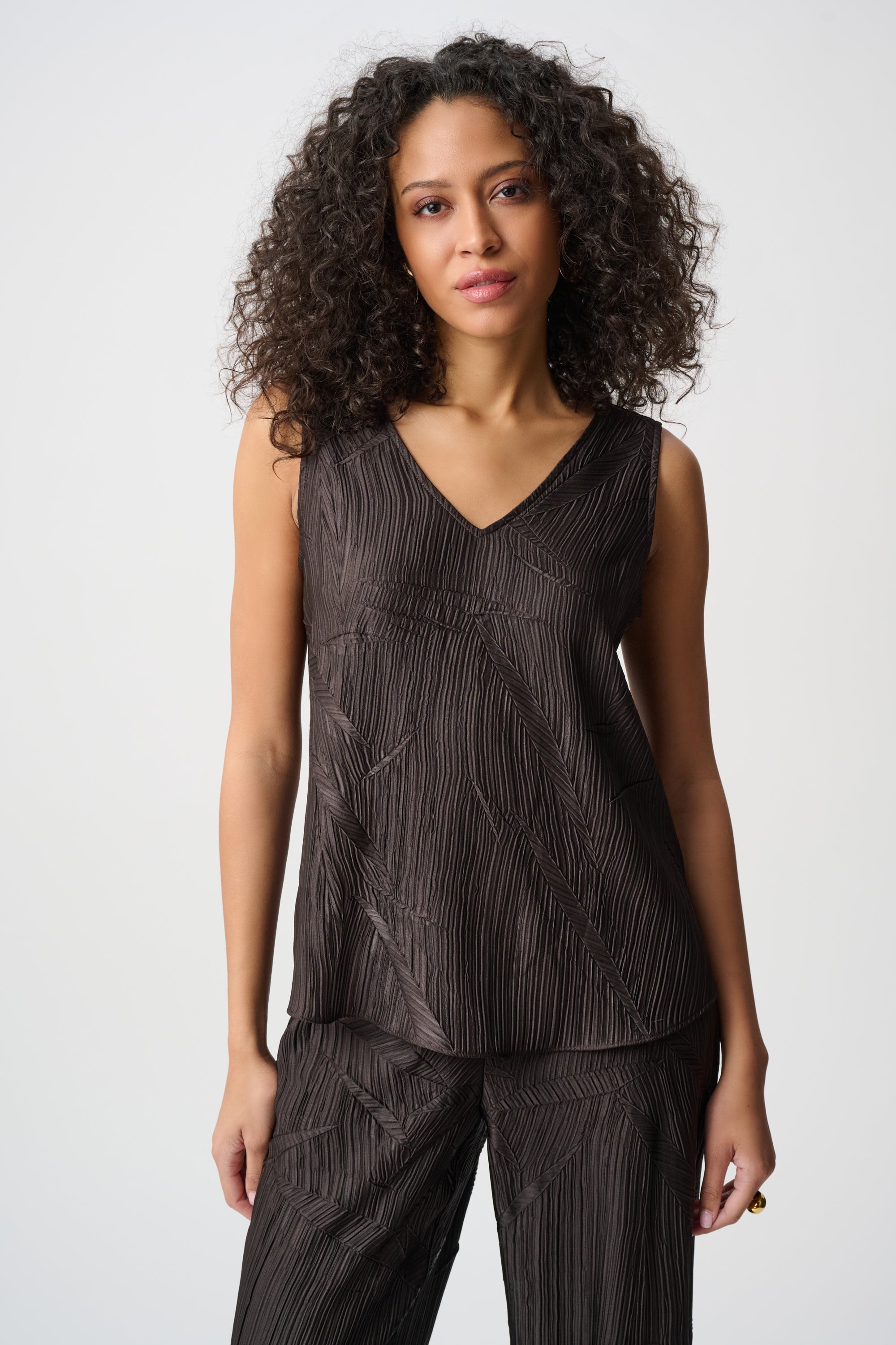 Pleated Satin Flared V-Neck Tank Top, Mocha