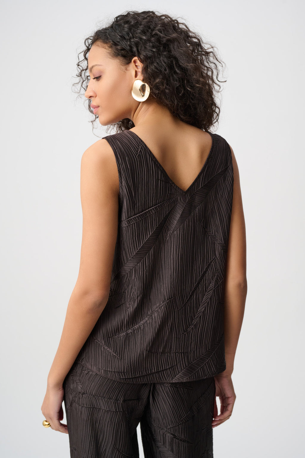 Pleated Satin Flared V-Neck Tank Top, Mocha