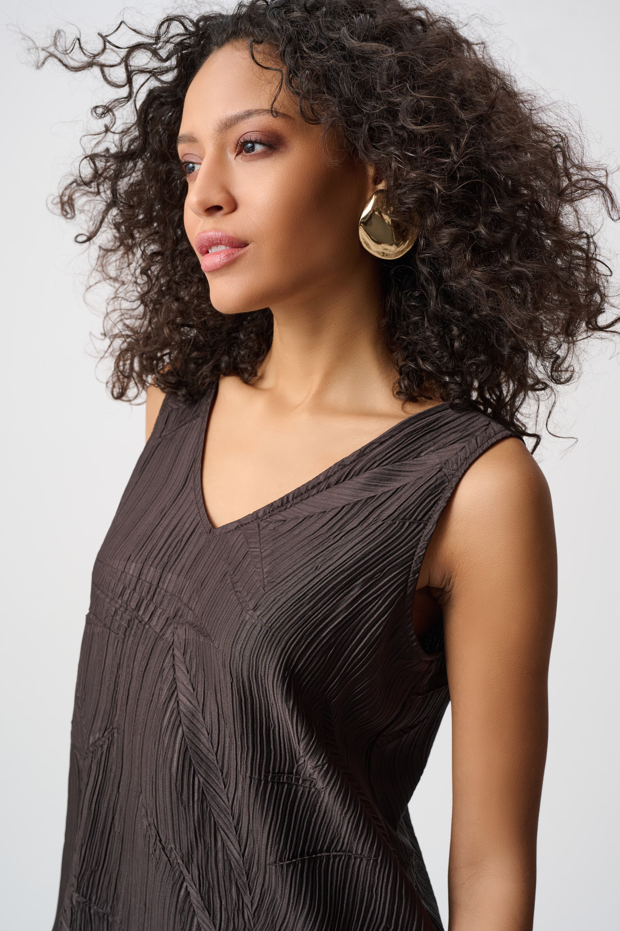 Pleated Satin Flared V-Neck Tank Top, Mocha