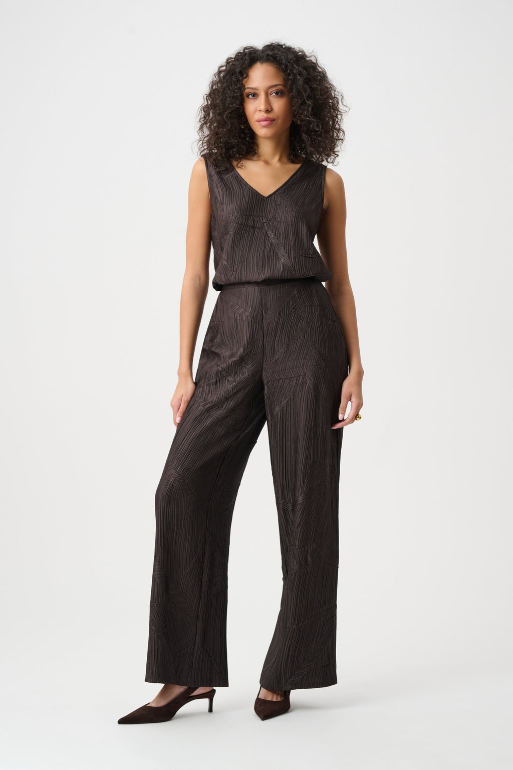 Pleated Satin Flared V-Neck Tank Top, Mocha