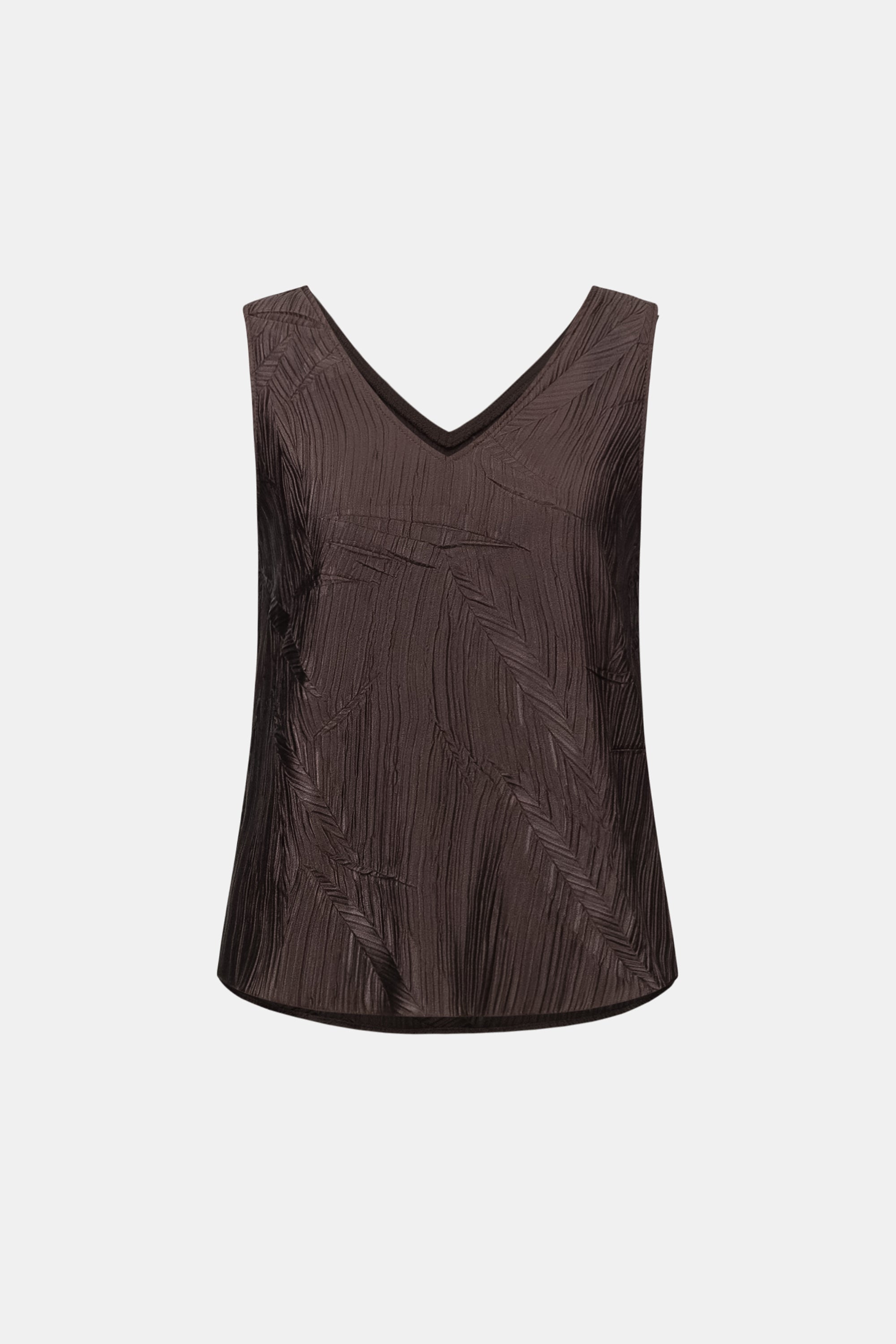 Pleated Satin Flared V-Neck Tank Top, Mocha