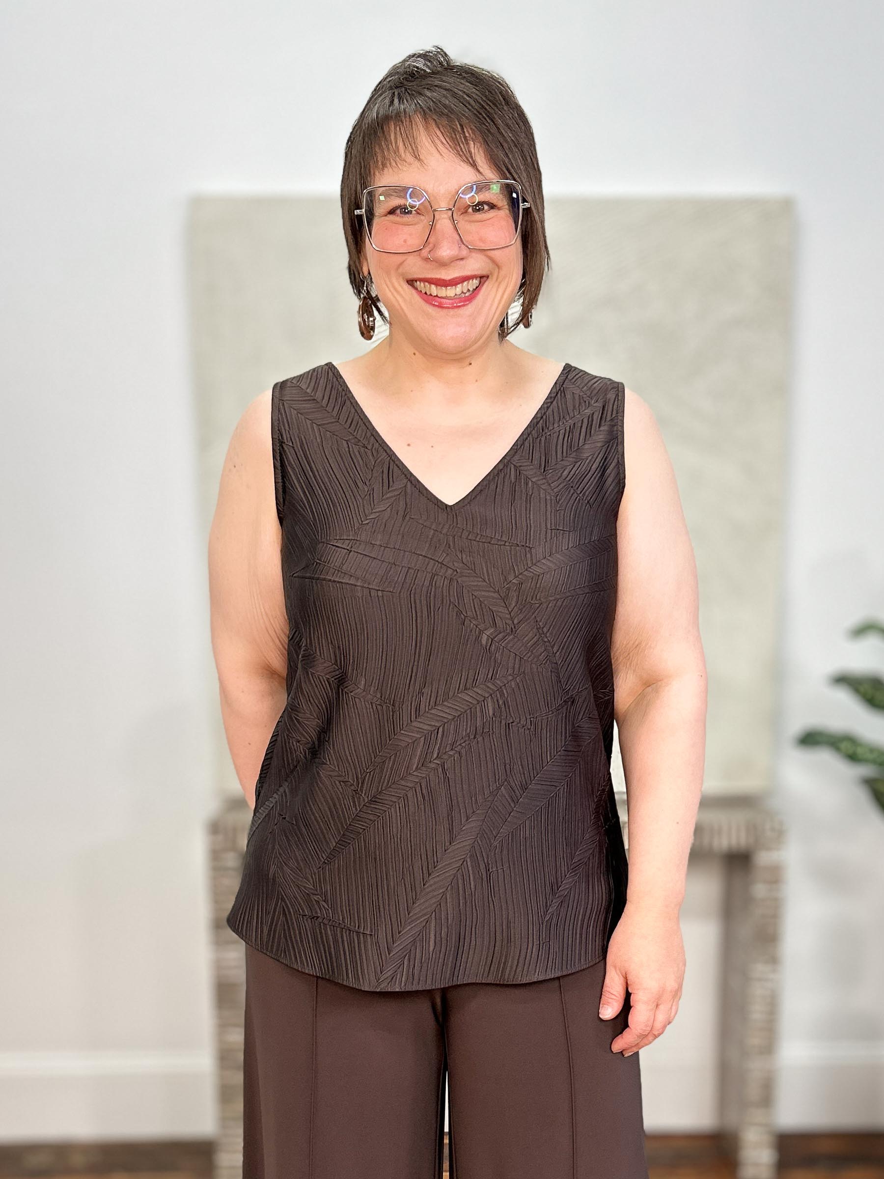 Pleated Satin Flared V-Neck Tank Top, Mocha
