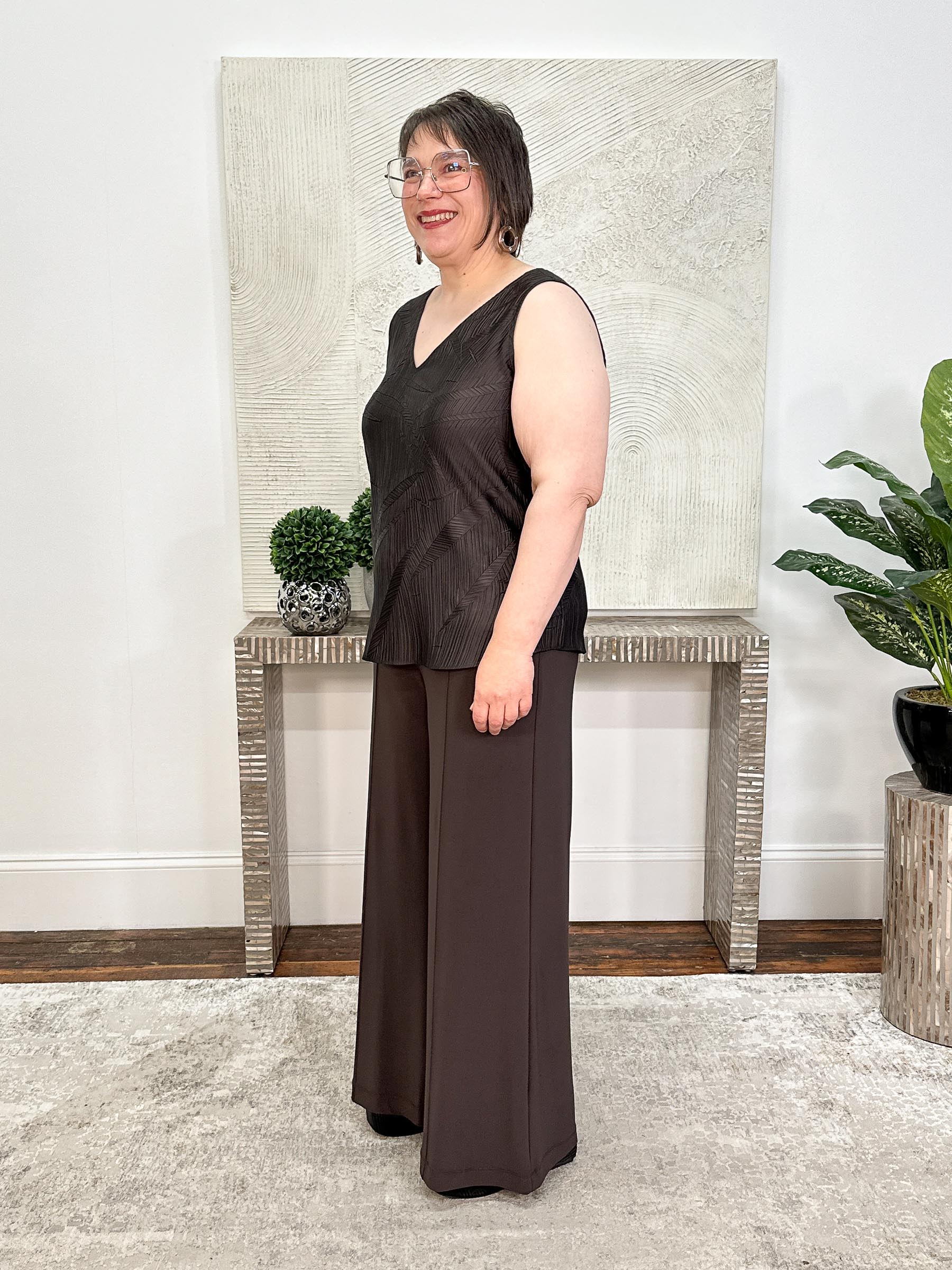 Pleated Satin Flared V-Neck Tank Top, Mocha