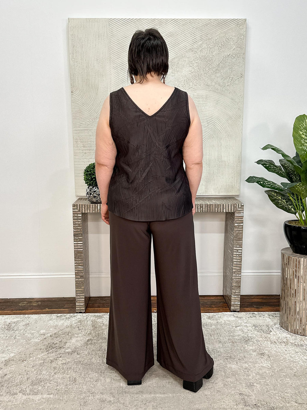 Pleated Satin Flared V-Neck Tank Top, Mocha