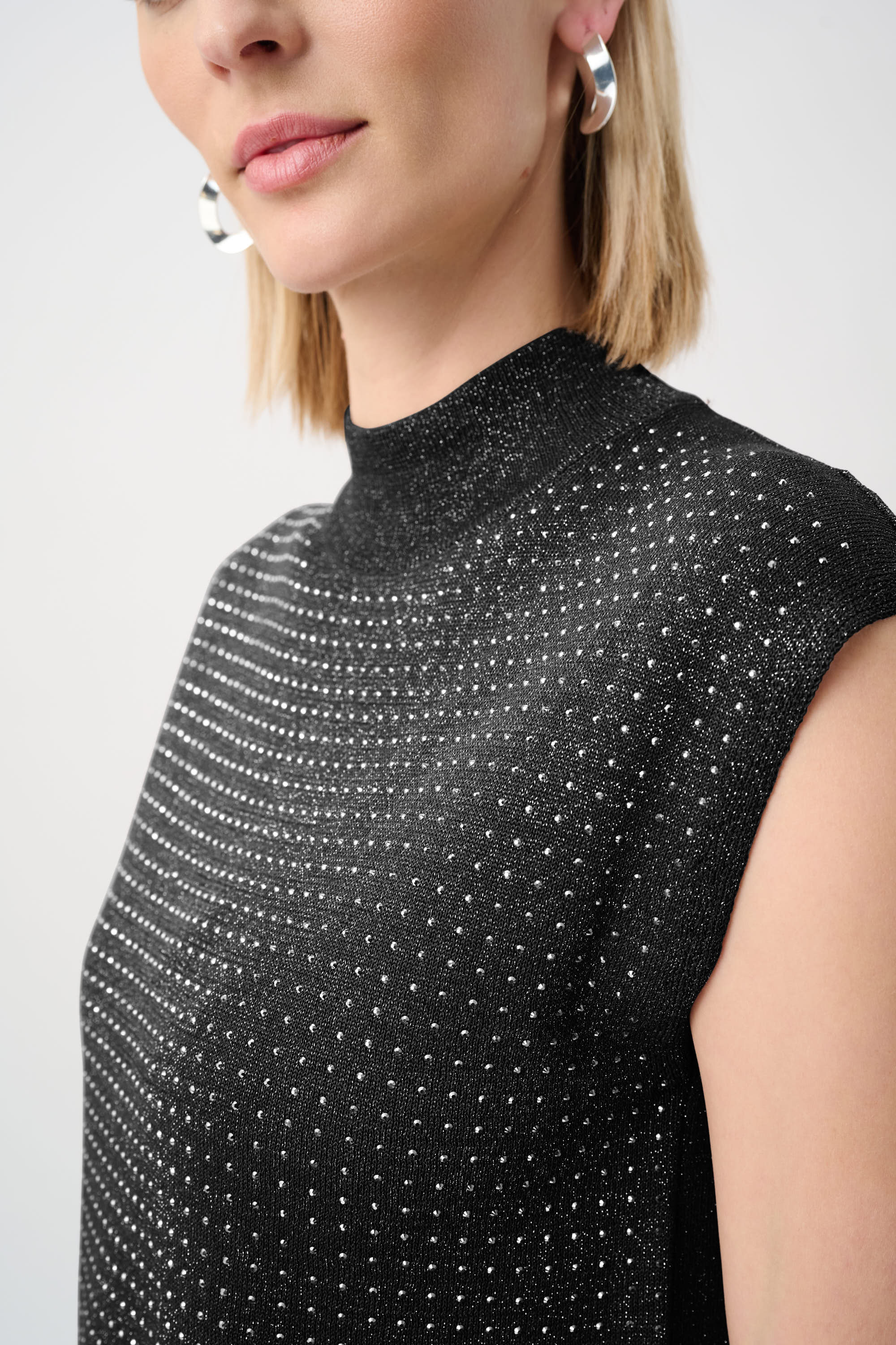 Sweater Knit Sleeveless Pullover with Rhinestone Detail, Black/Black