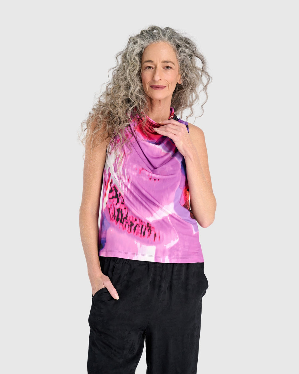 After Dark Printed Cowl Neck Tank, Orchid