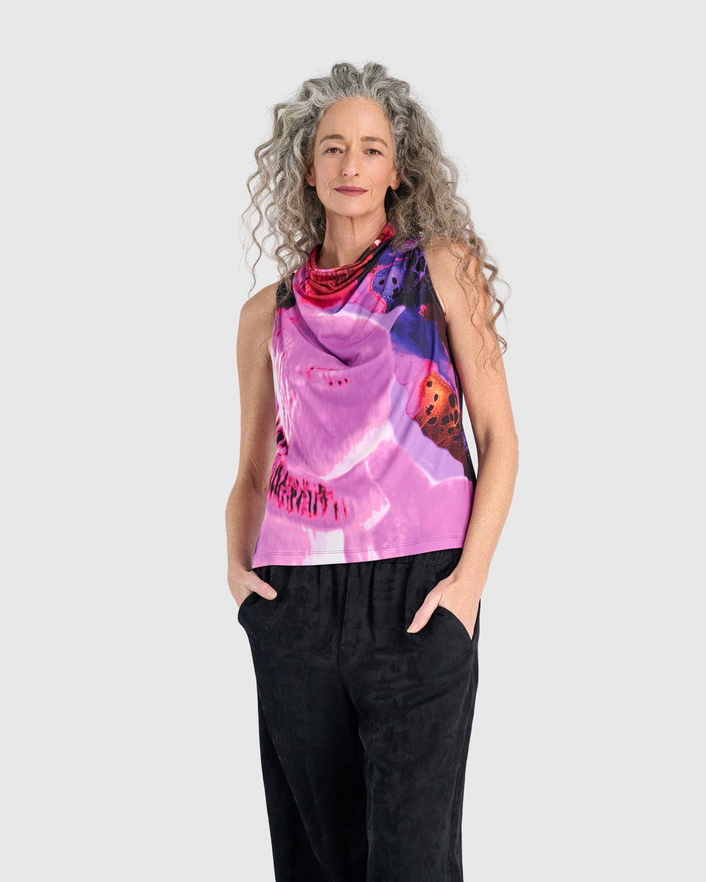 After Dark Printed Cowl Neck Tank, Orchid